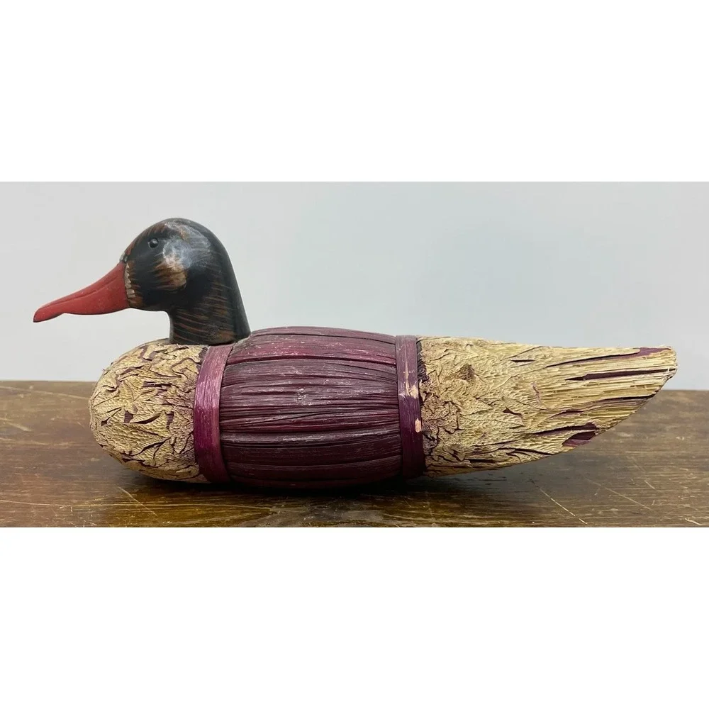 Hand Carved Wood Duck Figurine Rustic Corn Husk Farmhouse‎ Decor Folk Art 11